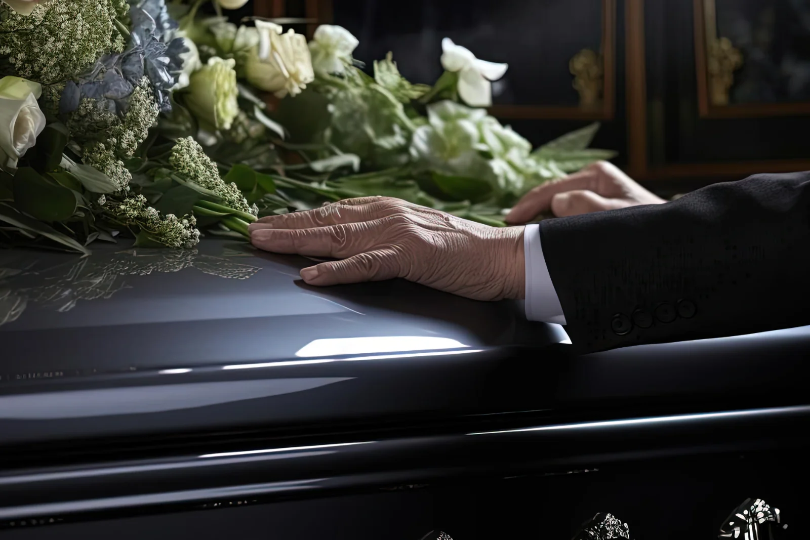 mano posata sulla bara durante il rito funebre