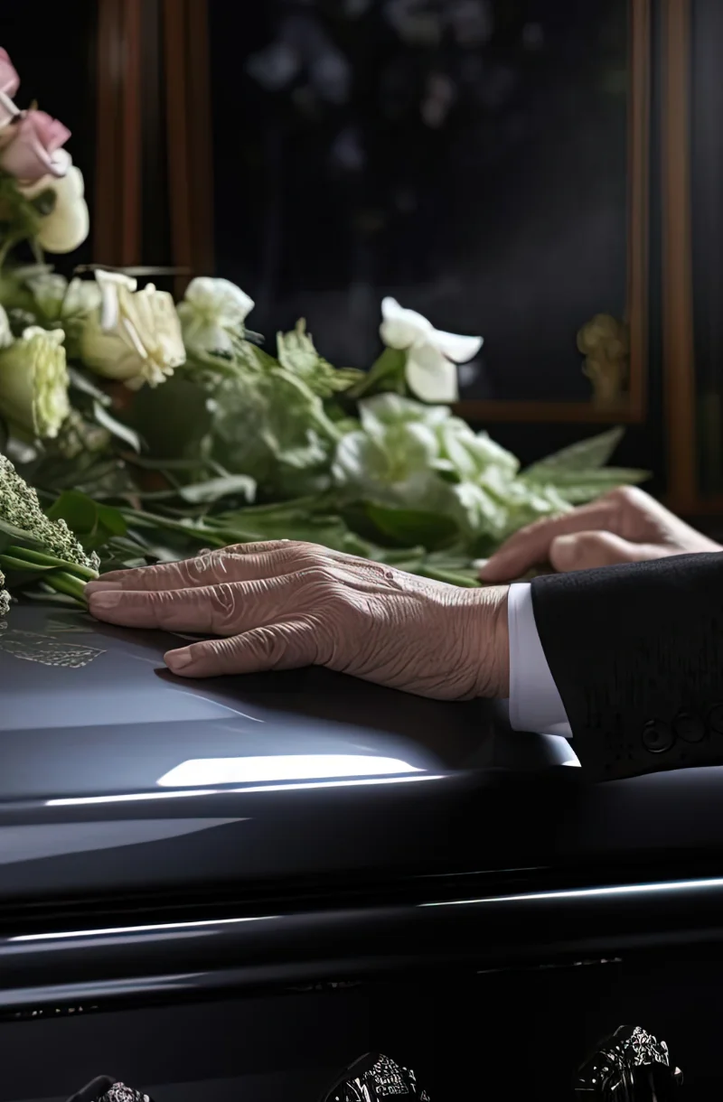 mano posata sulla bara durante il rito funebre